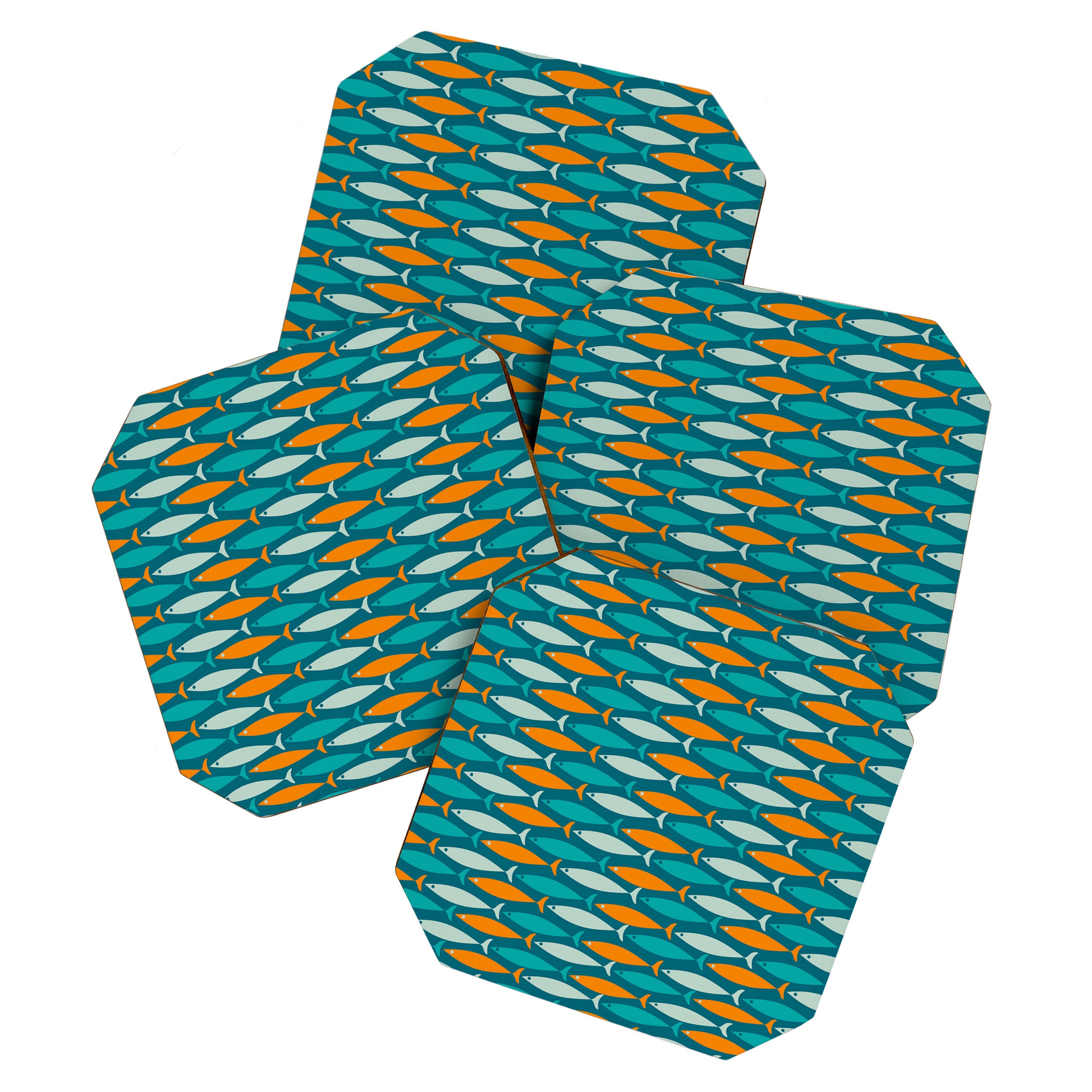 Mid Century Modern Fish Stripes Pattern Turquoise Orange Aqua Teal Coaster Gallery Image 1