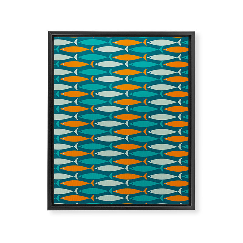 Mid Century Modern Fish Stripes Pattern Turquoise Orange Aqua Teal Framed Canvas Print Gallery Image 8