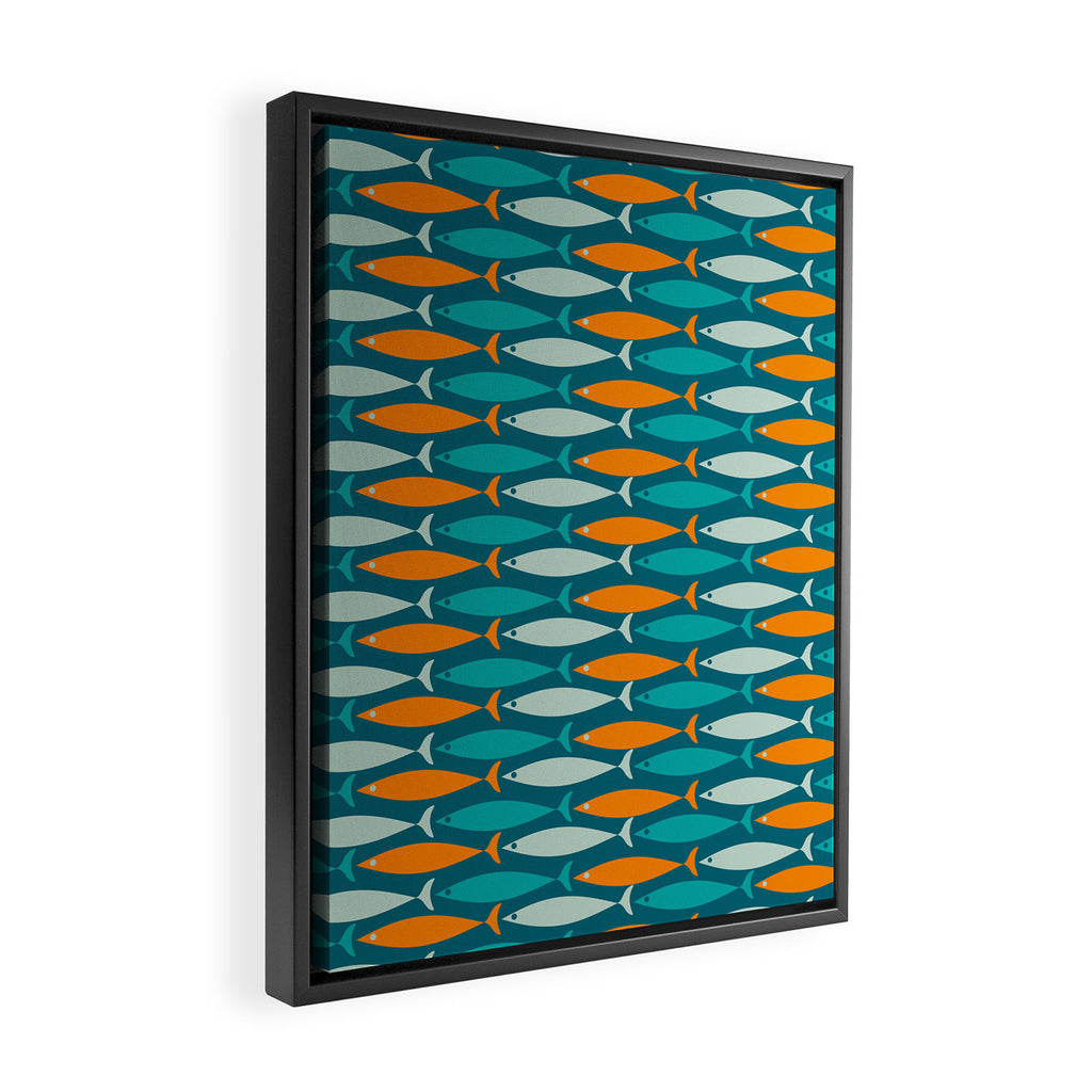 Mid Century Modern Fish Stripes Pattern Turquoise Orange Aqua Teal Framed Canvas Print Gallery Image 2