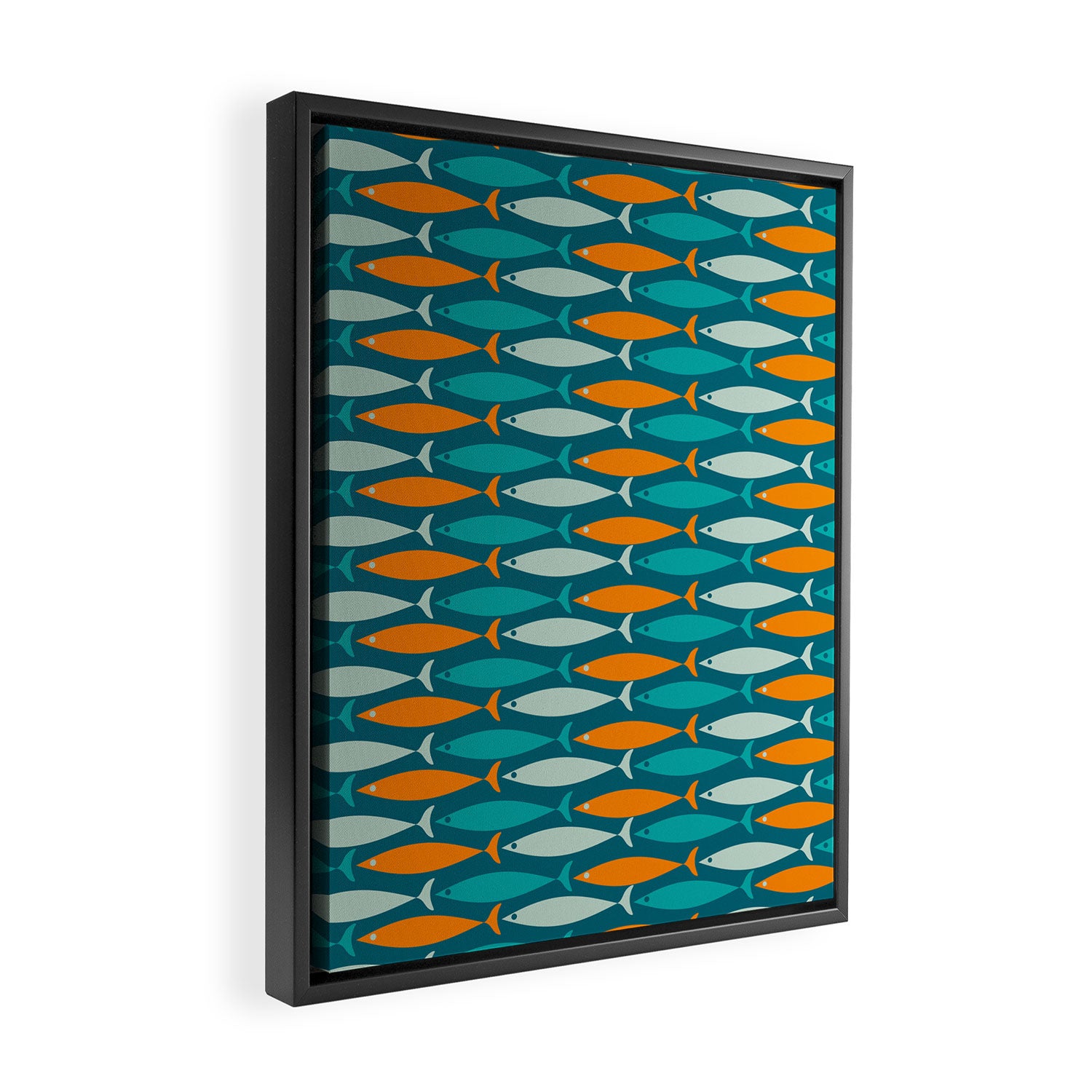 Mid Century Modern Fish Stripes Pattern Turquoise Orange Aqua Teal Framed Canvas Print Gallery Image 2