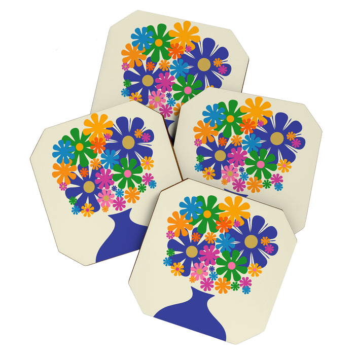 Mid Century Modern Flower Bloom Cheerful Retro Flowers in Vase Coaster Gallery Image 1