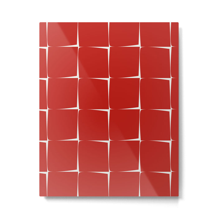 Mid Century Modern Flux Minimalist Check Grid Pattern in Red and Cream Metal Print Gallery Image 1