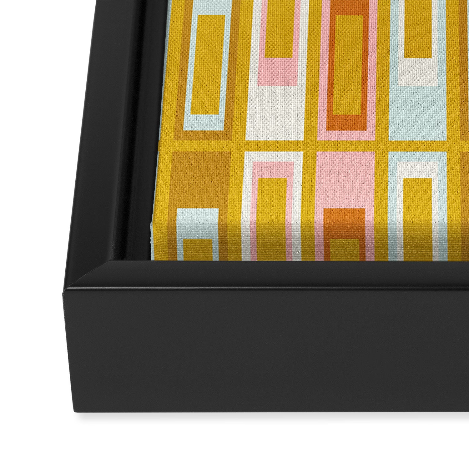 Mid Century Modern Geometric Lexington Ave Pattern in Mustard Pink Ice Blue Framed Canvas Print Gallery Image 3