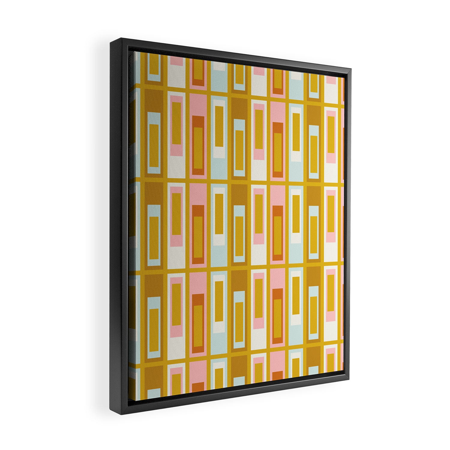 Mid Century Modern Geometric Lexington Ave Pattern in Mustard Pink Ice Blue Framed Canvas Print Gallery Image 2
