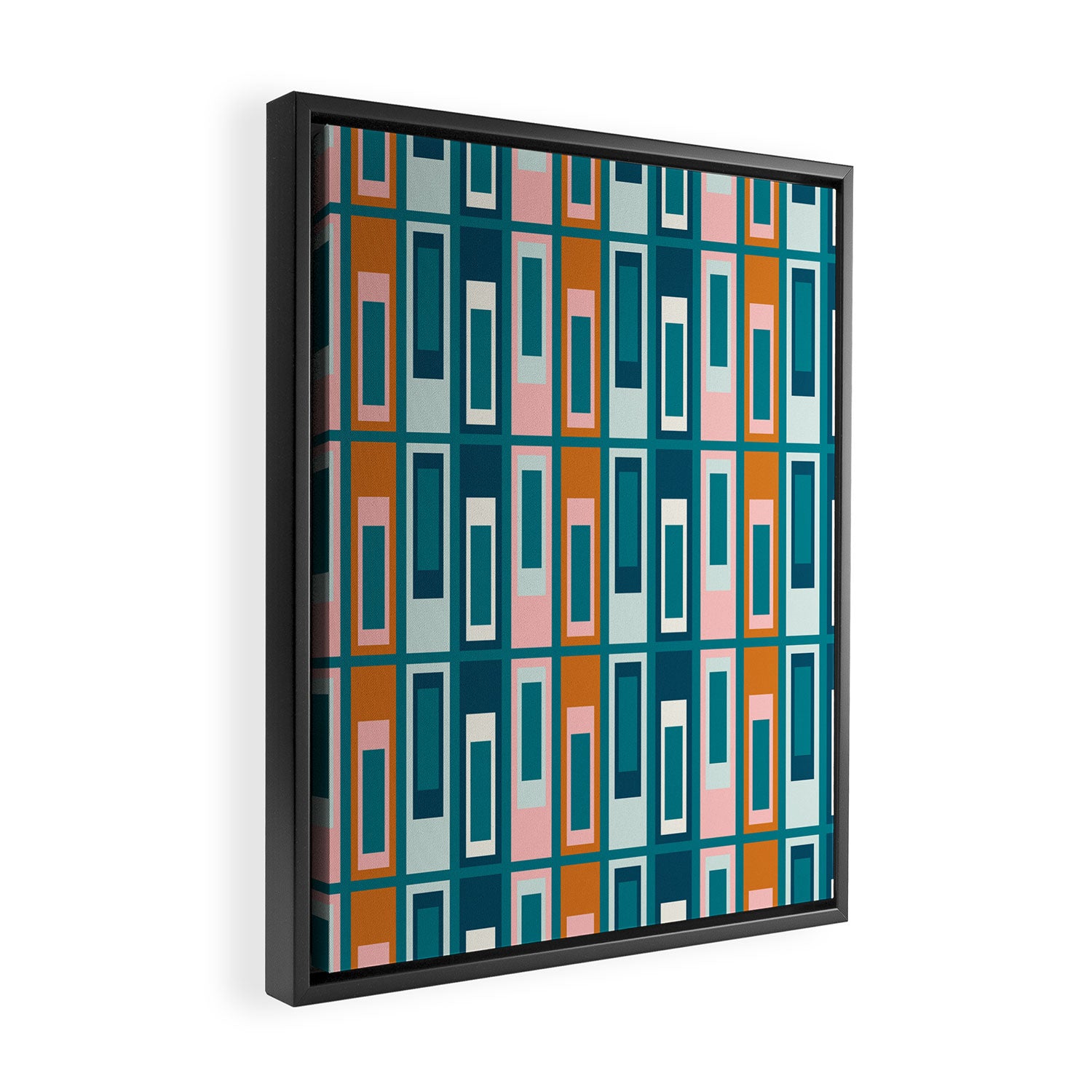 Mid Century Modern Geometric Lexington Ave Pattern in Teal Ochre Pink Framed Canvas Print Gallery Image 2