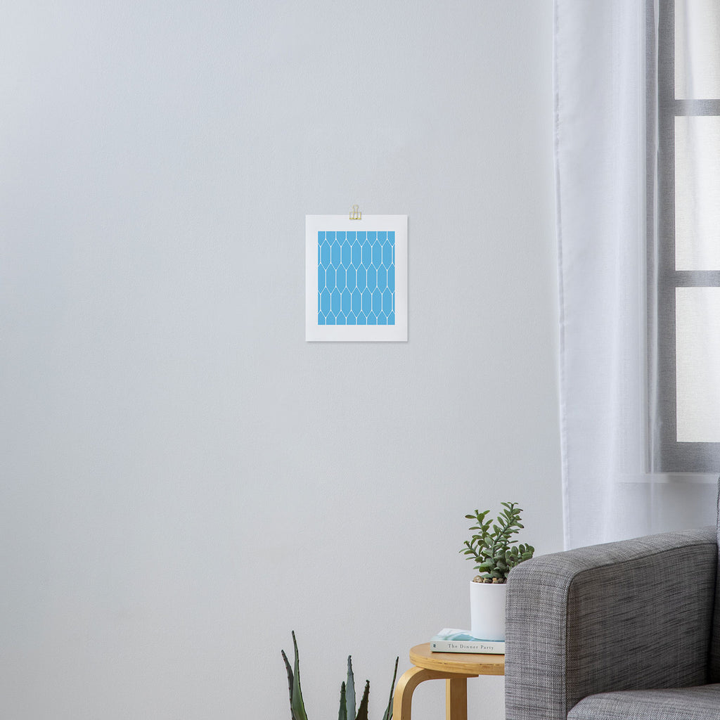 Mid Century Modern Geometric Long Honeycomb Pattern in Blue and White Art Print Gallery Image 3