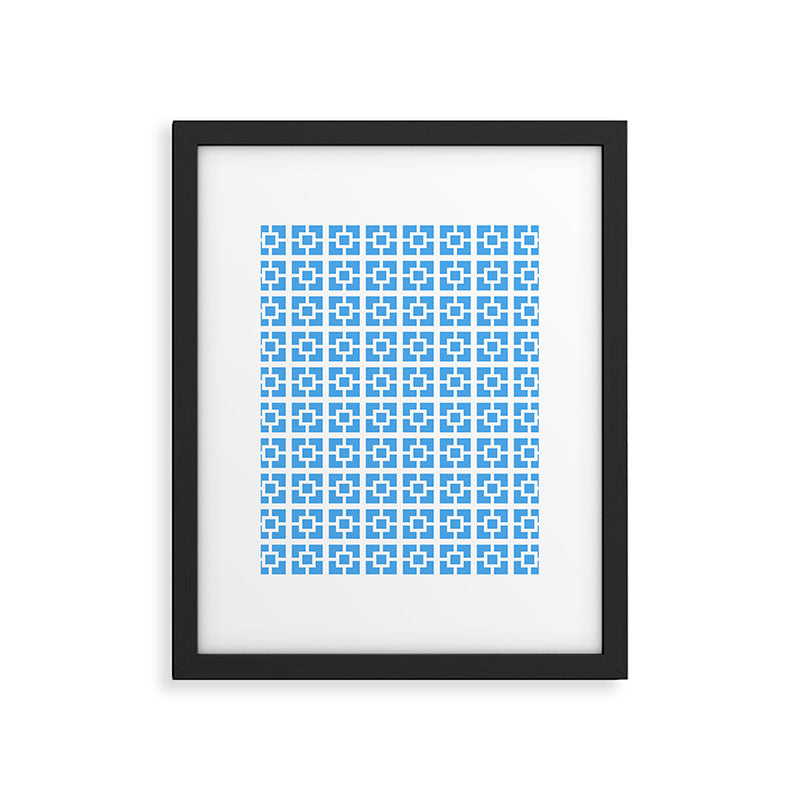 Mid Century Modern Geometric Minimalist Breeze Block Pattern in Blue and White Framed Art Print Gallery Image 6