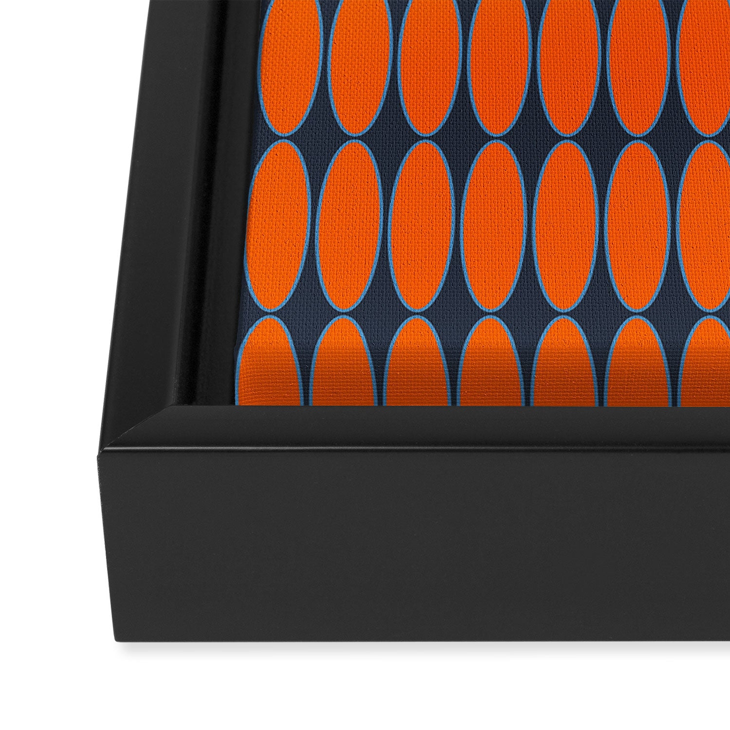 Mid Century Modern Geometric Ovalia Pattern in Orange and Navy Blue Framed Canvas Print Gallery Image 3