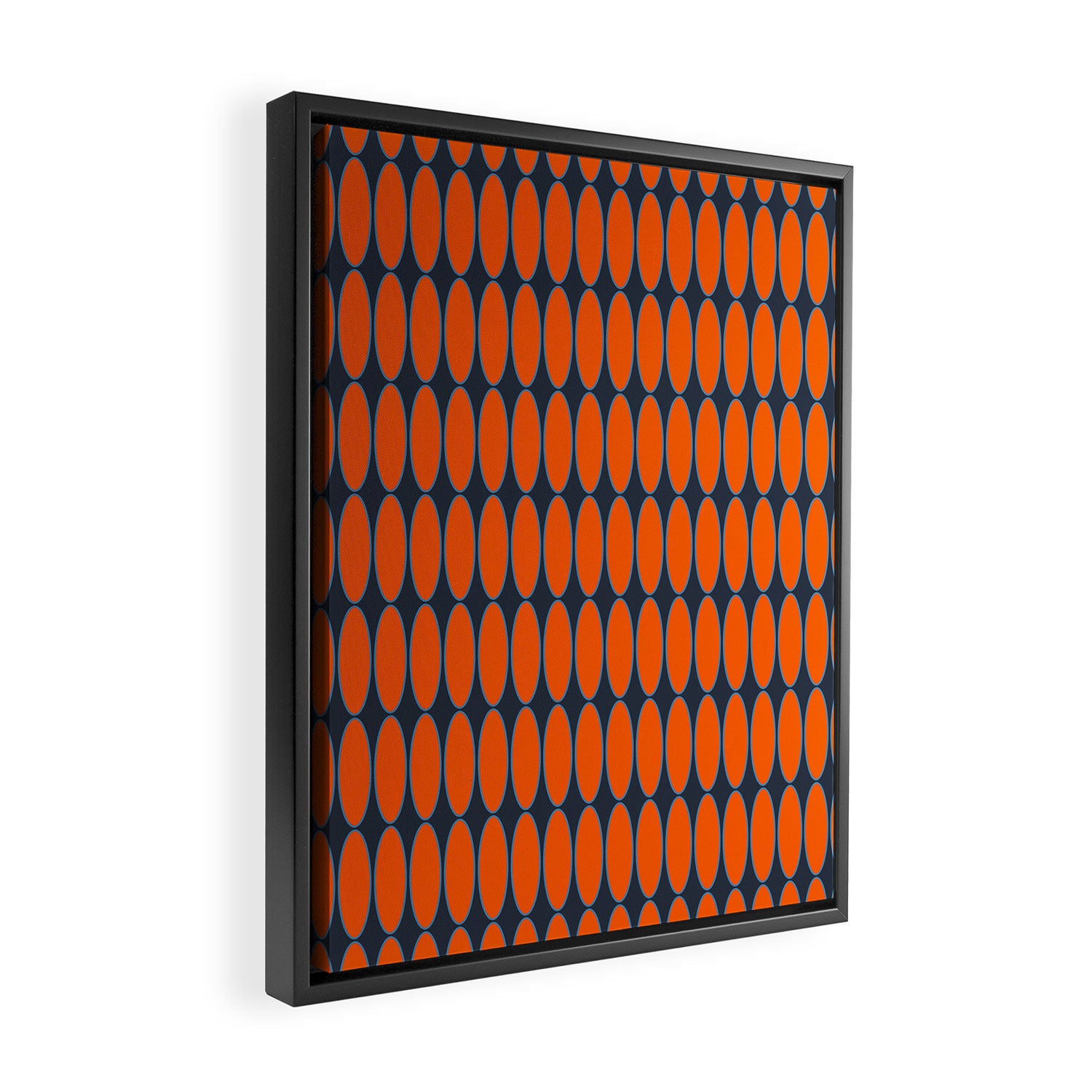 Mid Century Modern Geometric Ovalia Pattern in Orange and Navy Blue Framed Canvas Print Gallery Image 2