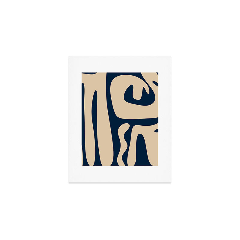 Mid Century Modern Kwaito Abstract Pattern Beige and Navy Blue Art Print Gallery Image 1