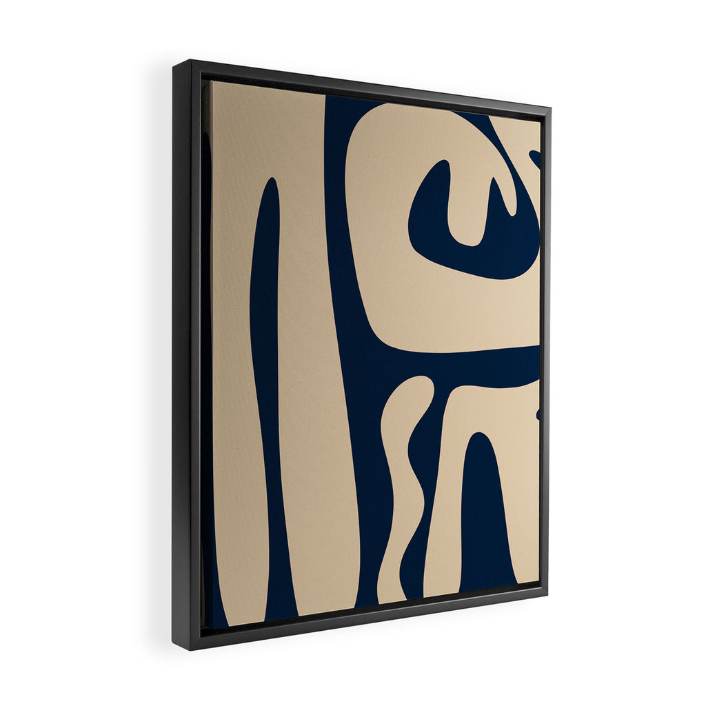 Mid Century Modern Kwaito Abstract Pattern Beige and Navy Blue Framed Canvas Print Gallery Image 2