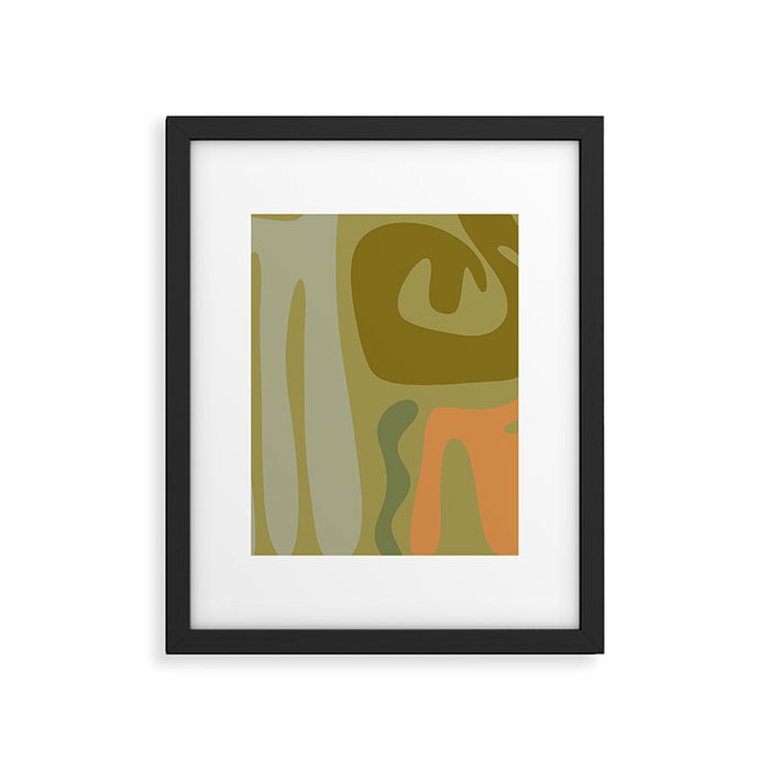Mid Century Modern Kwaito Abstract Pattern in Vintage Olive Green and Cantaloupe Orange Framed Art Print Gallery Image 1