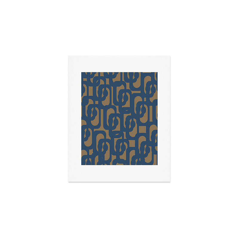 Mid Century Modern Loop Abstract Pattern in Muted Navy Blue and Brown Art Print Gallery Image 1