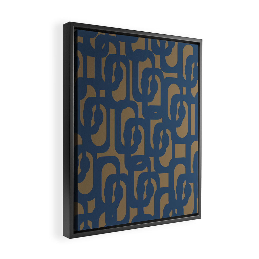 Mid Century Modern Loop Abstract Pattern in Muted Navy Blue and Brown Framed Canvas Print Gallery Image 2