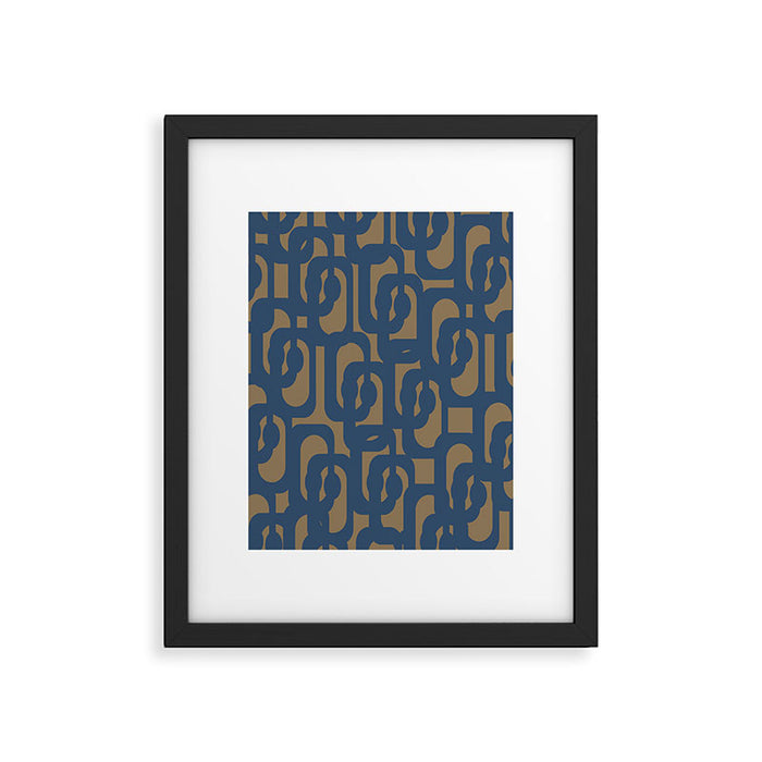 Mid Century Modern Loop Abstract Pattern in Muted Navy Blue and Brown Framed Art Print Gallery Image 1