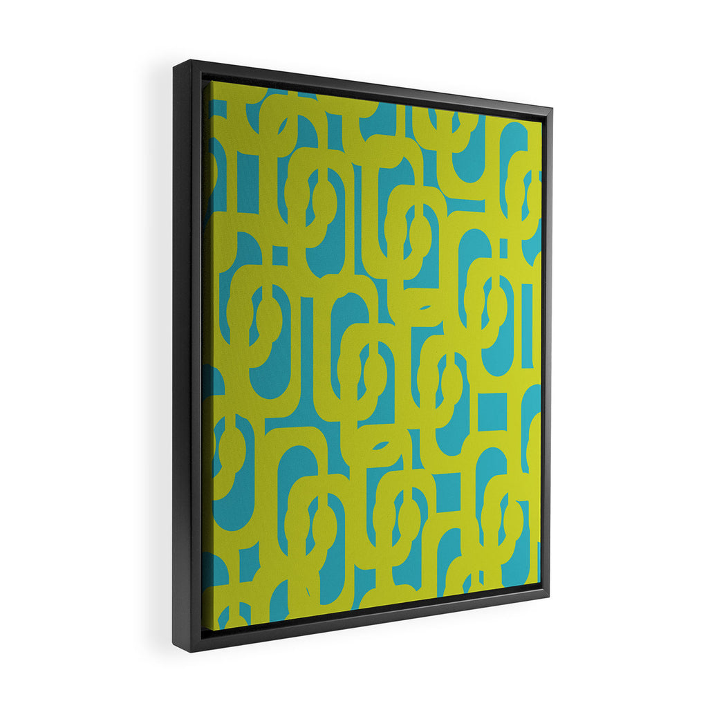 Mid Century Modern Loop Pattern in Lime Green and Turquoise Framed Canvas Print Gallery Image 2