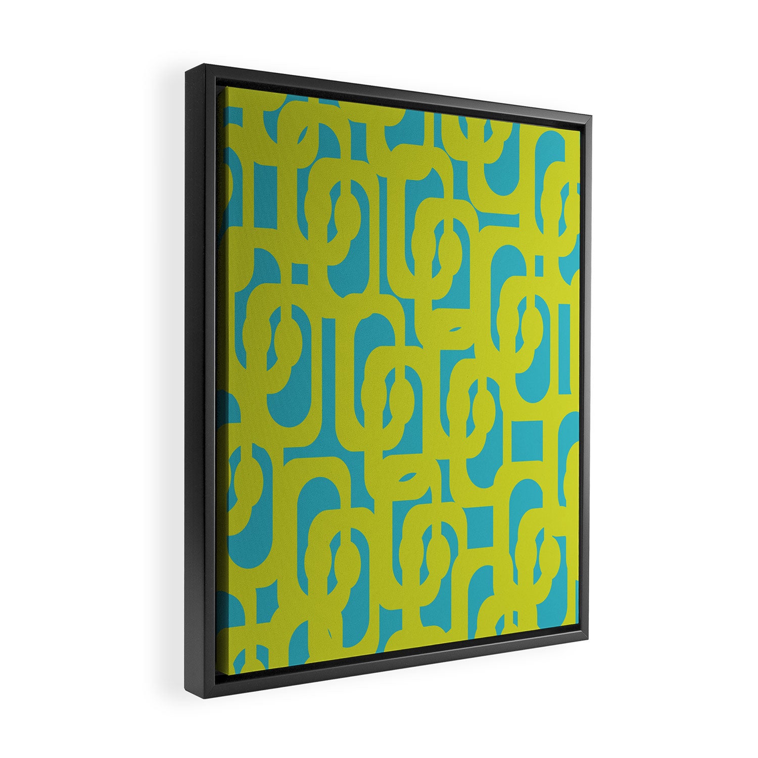 Mid Century Modern Loop Pattern in Lime Green and Turquoise Framed Canvas Print Gallery Image 2