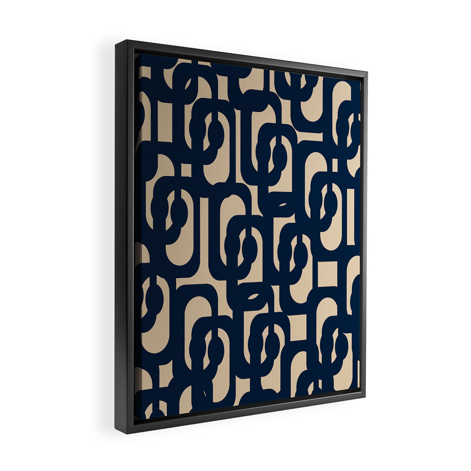 Mid Century Modern Loop Pattern in Navy Blue and Beige Framed Canvas Print Gallery Image 2