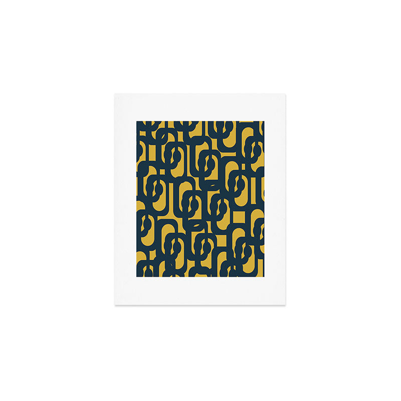 Mid Century Modern Loop Pattern in Navy Blue and Light Mustard Yellow Art Print Gallery Image 1