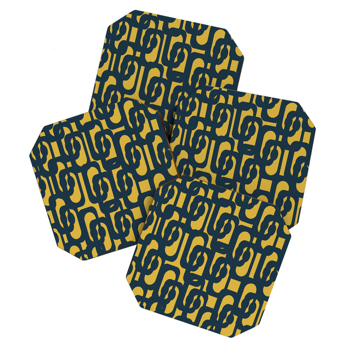 Mid Century Modern Loop Pattern in Navy Blue and Light Mustard Yellow Coaster Gallery Image 1
