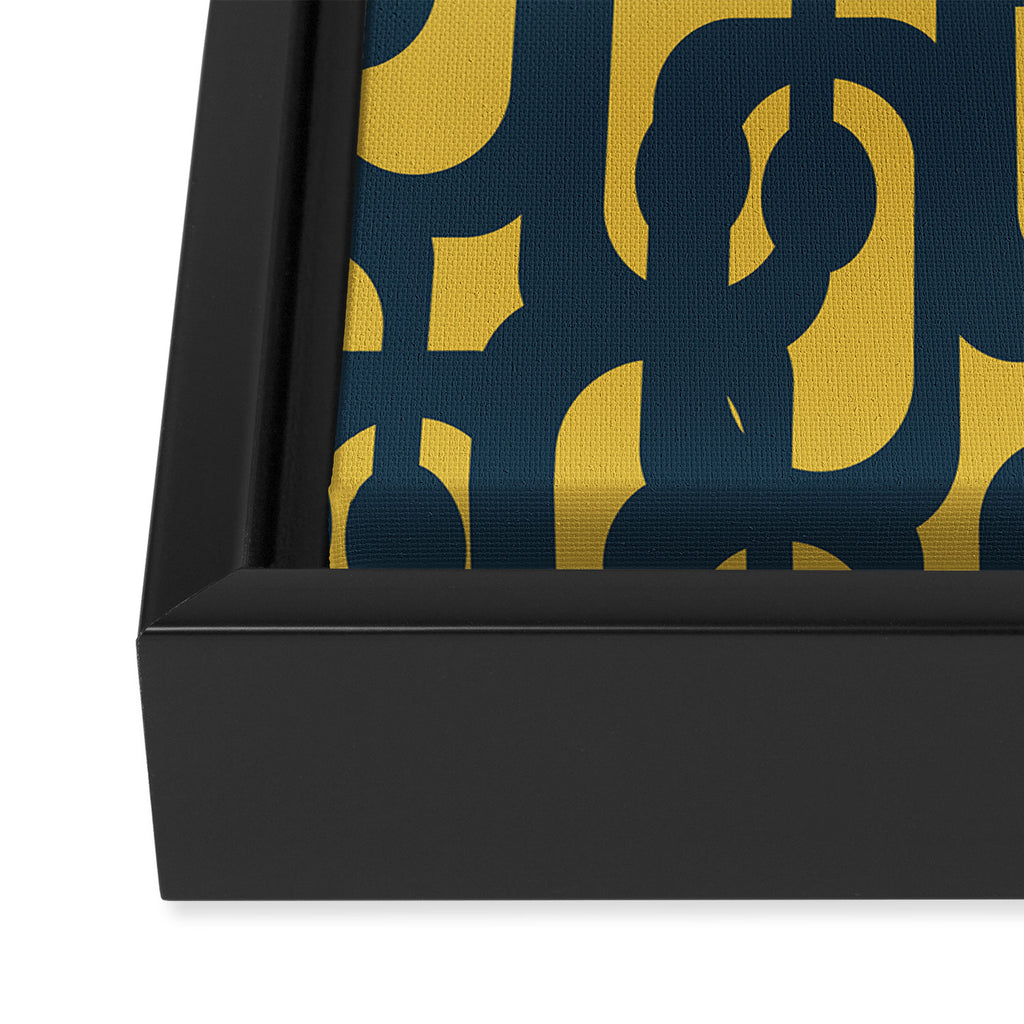 Mid Century Modern Loop Pattern in Navy Blue and Light Mustard Yellow Framed Canvas Print Gallery Image 3