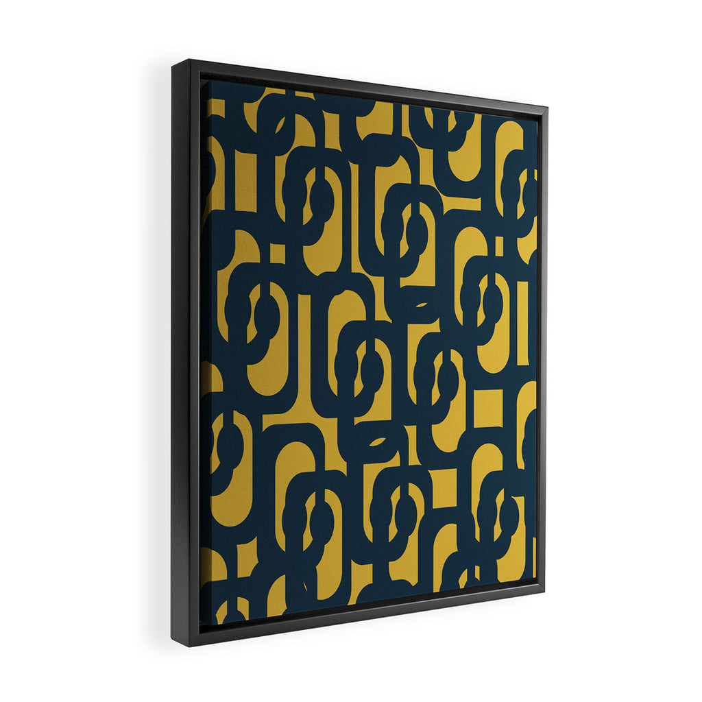 Mid Century Modern Loop Pattern in Navy Blue and Light Mustard Yellow Framed Canvas Print Gallery Image 2