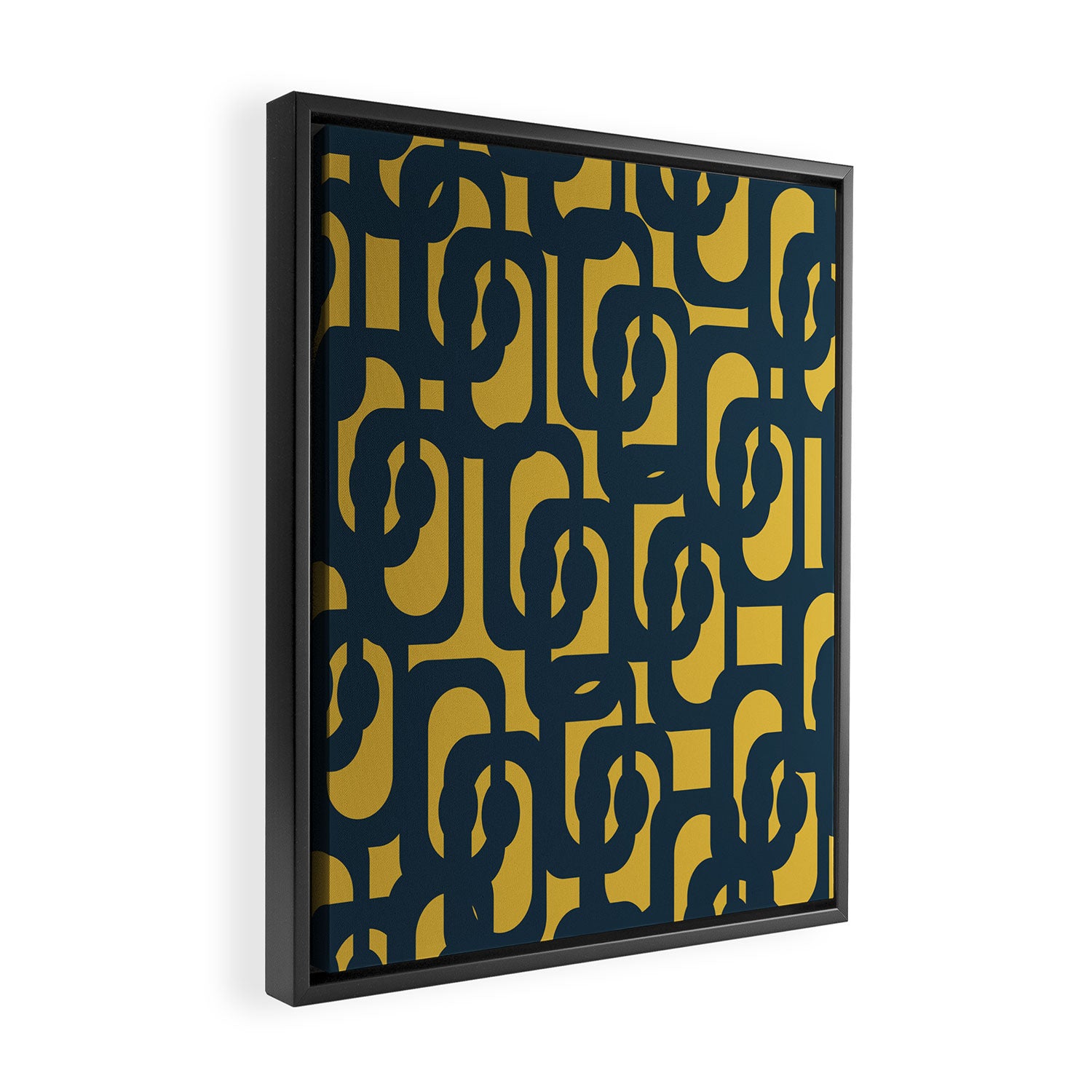 Mid Century Modern Loop Pattern in Navy Blue and Light Mustard Yellow Framed Canvas Print Gallery Image 2