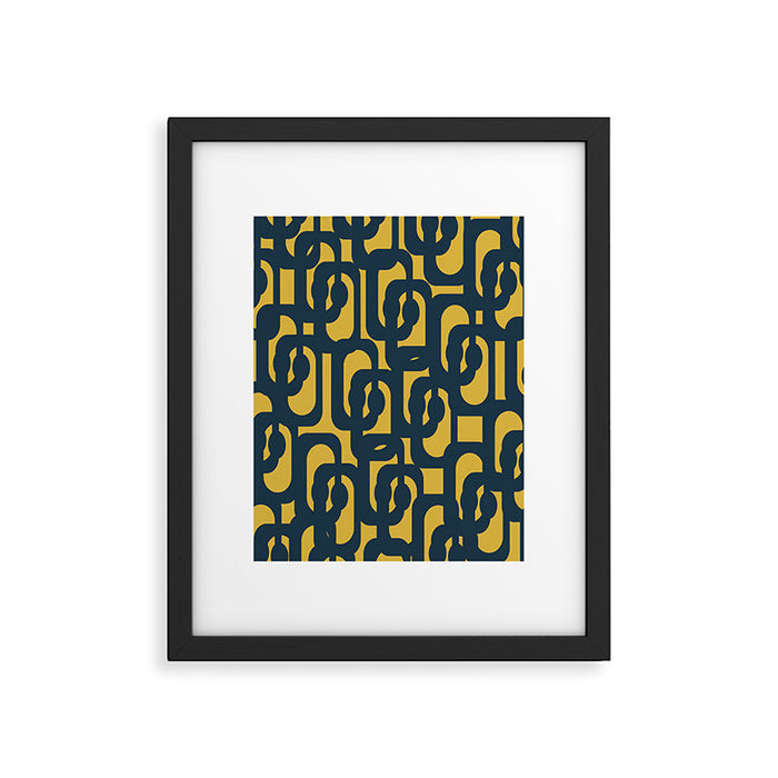 Mid Century Modern Loop Pattern in Navy Blue and Light Mustard Yellow Framed Art Print Gallery Image 1