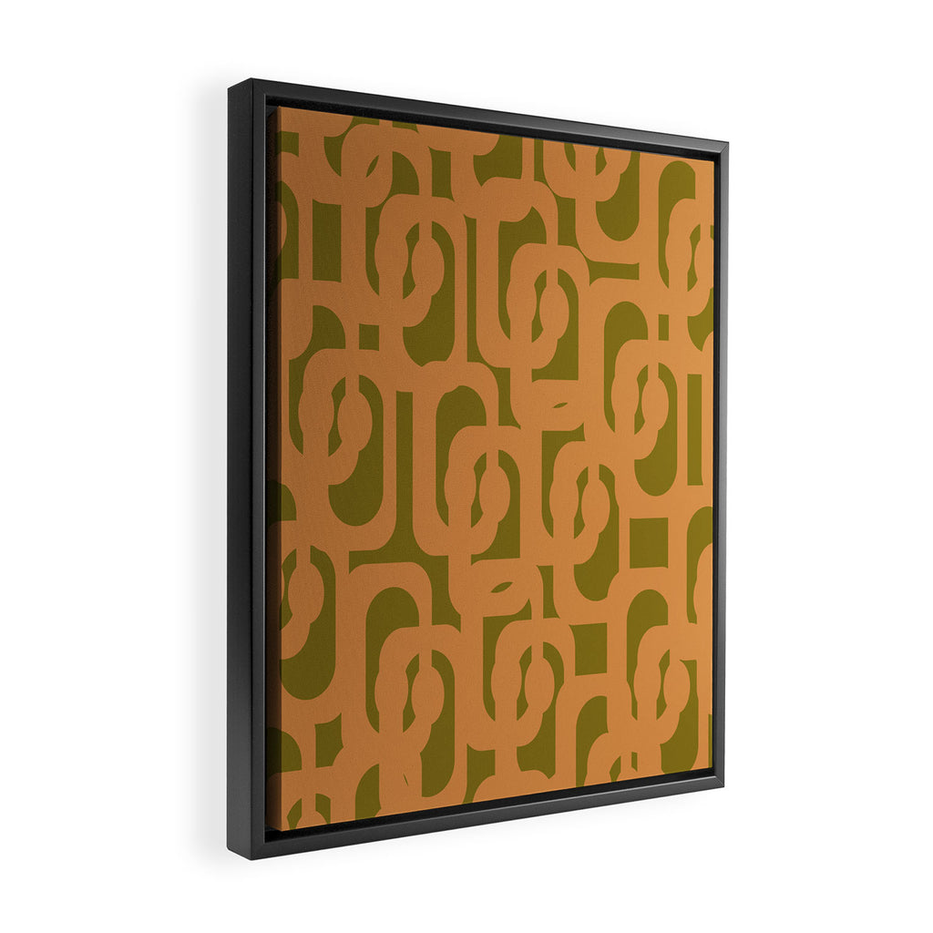Mid Century Modern Loop Pattern in Vintage Avocado Olive Green and Cantaloupe Orange Framed Canvas Print Gallery Image 2