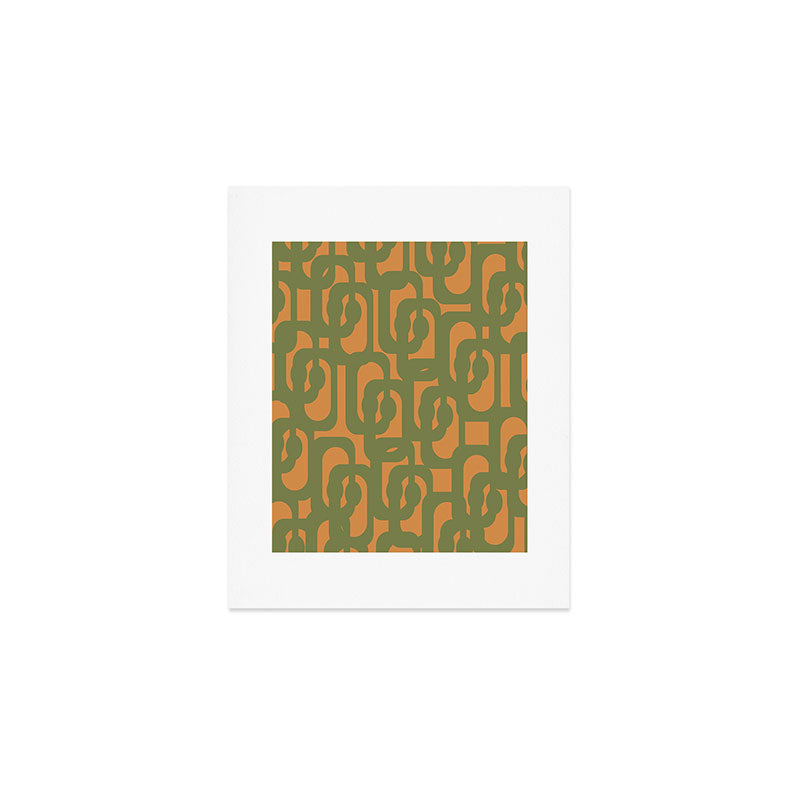 Mid Century Modern Loop Pattern Vintage Olive Green and Cantaloupe Orange Art Print Gallery Image 1