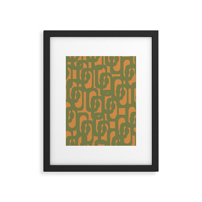 Mid Century Modern Loop Pattern Vintage Olive Green and Cantaloupe Orange Framed Art Print Gallery Image 1