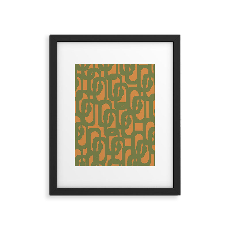 Mid Century Modern Loop Pattern Vintage Olive Green and Cantaloupe Orange Framed Art Print Gallery Image 6
