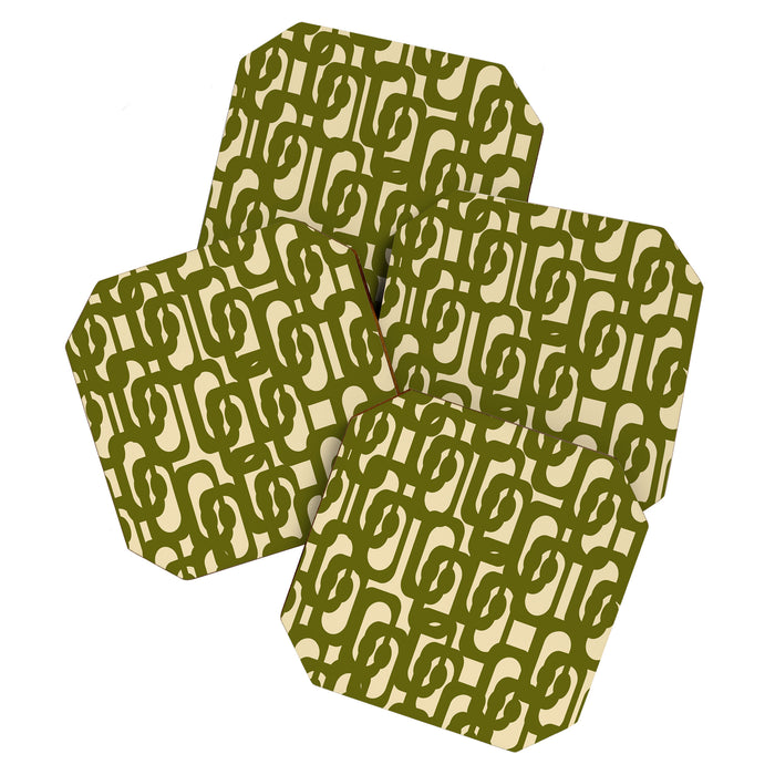 Mid Century Modern Loops Abstract Pattern in Olive Green and Beige Cream Coaster Gallery Image 1