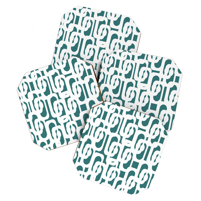 Mid Century Modern Loops Contemporary Abstract Pattern in White and Deep Teal Coaster Gallery Image 1