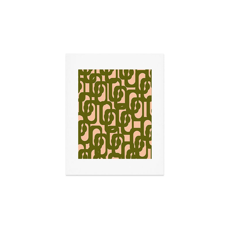 Mid Century Modern Loops Pattern in Deep Olive Green and Blush Peach Pink Art Print Gallery Image 1