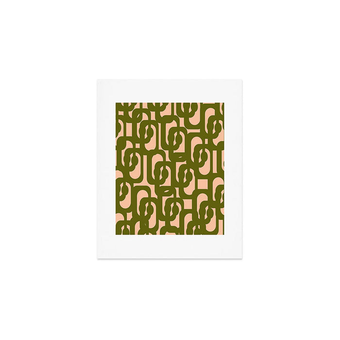 Mid Century Modern Loops Pattern in Deep Olive Green and Blush Peach Pink Art Print Gallery Image 1
