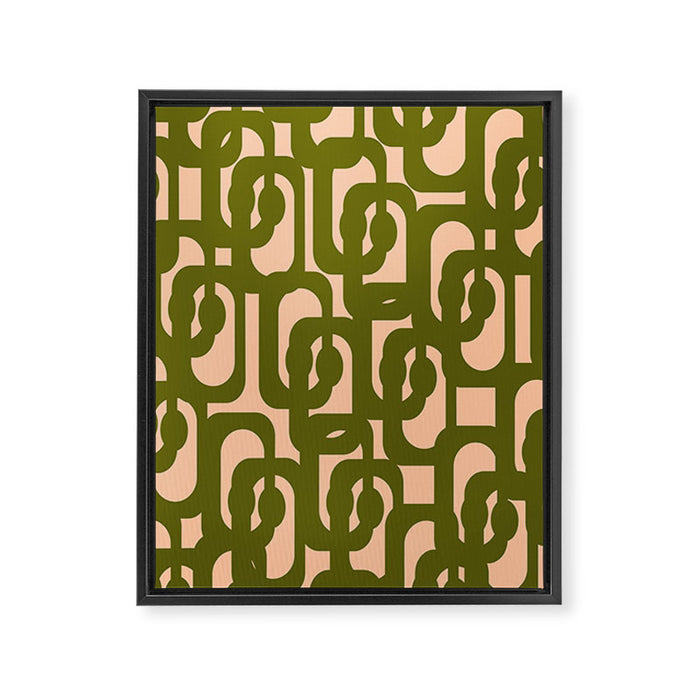 Mid Century Modern Loops Pattern in Deep Olive Green and Blush Peach Pink Framed Canvas Print Gallery Image 1