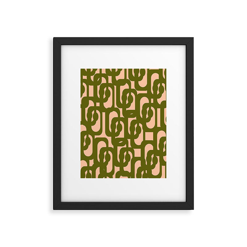 Mid Century Modern Loops Pattern in Deep Olive Green and Blush Peach Pink Framed Art Print Gallery Image 6