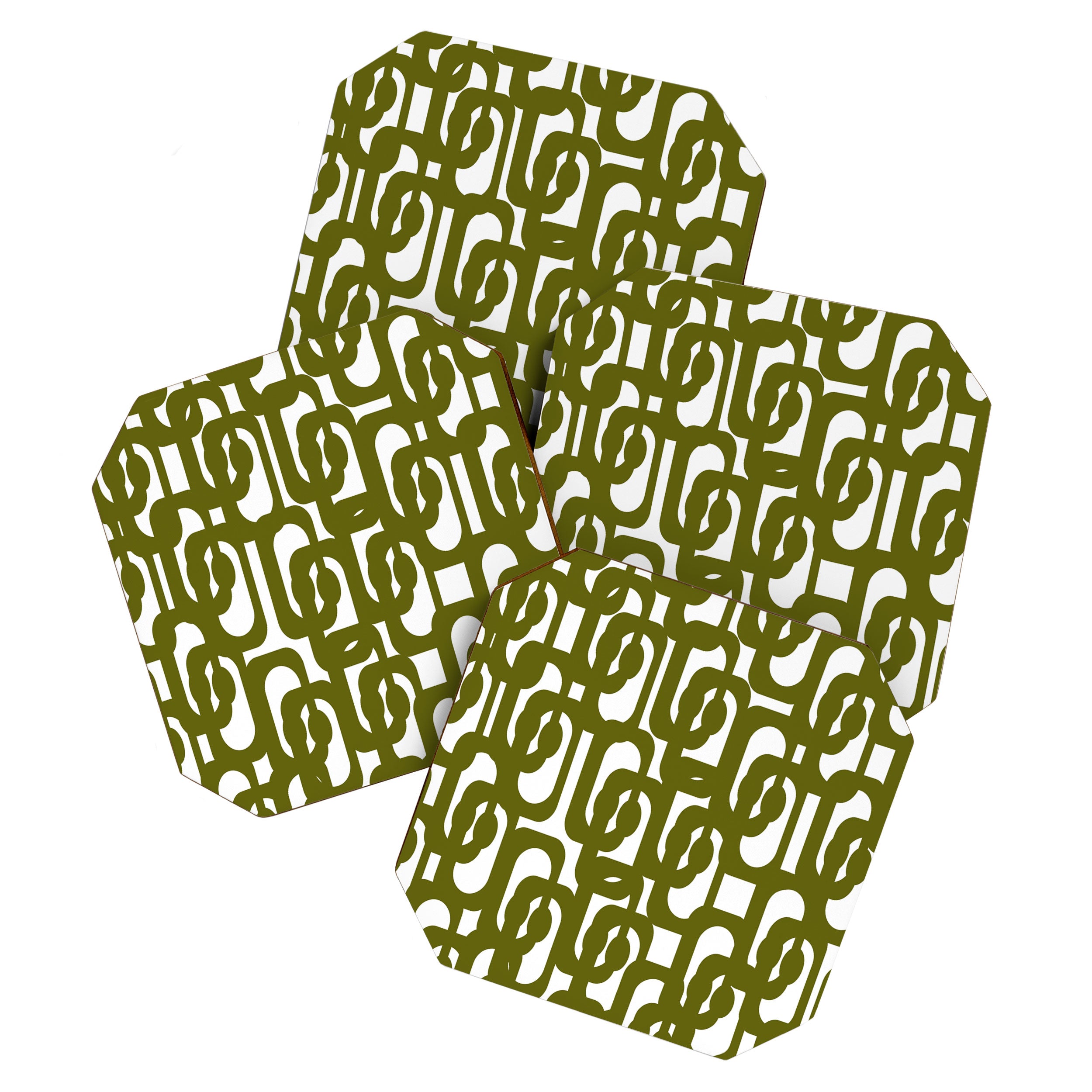 Mid Century Modern Loops Pattern in Deep Olive Green and White Coaster Gallery Image 1
