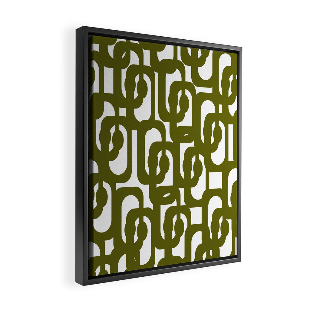 Mid Century Modern Loops Pattern in Deep Olive Green and White Framed Canvas Print Gallery Image 2