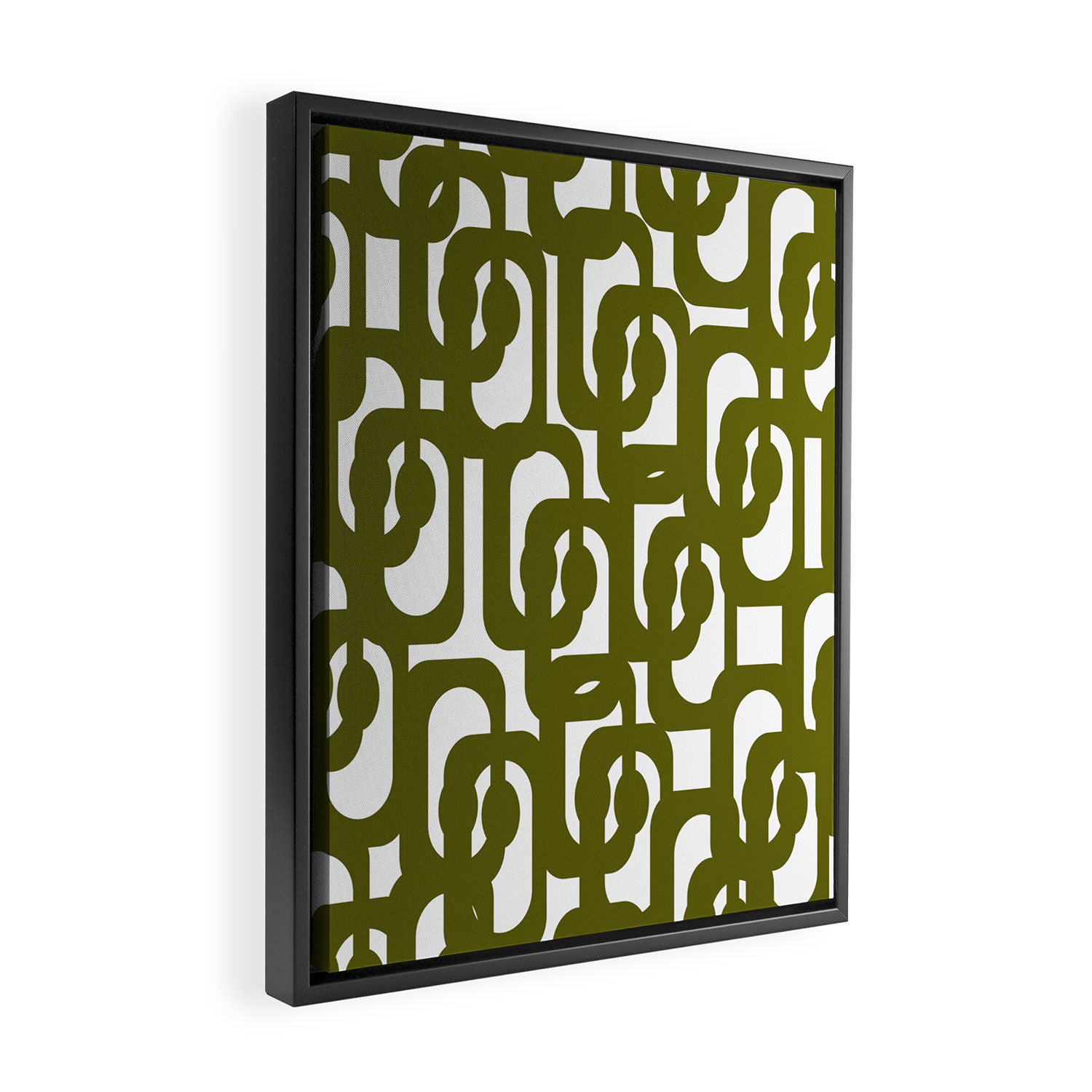 Mid Century Modern Loops Pattern in Deep Olive Green and White Framed Canvas Print Gallery Image 2