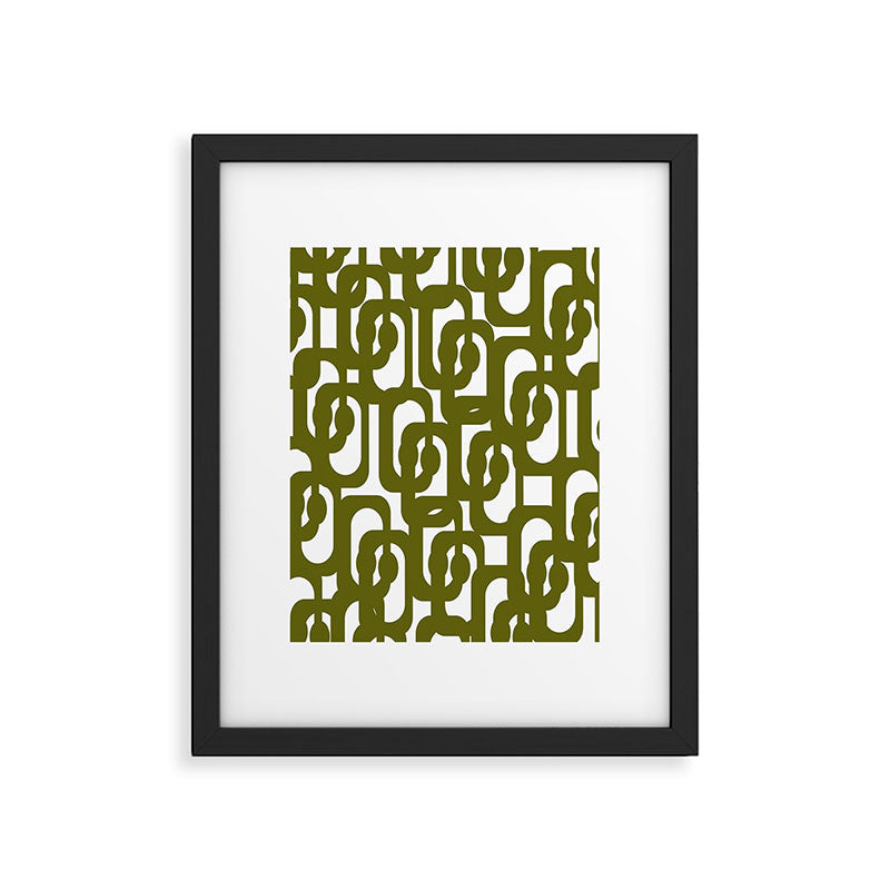 Mid Century Modern Loops Pattern in Deep Olive Green and White Framed Art Print Gallery Image 6