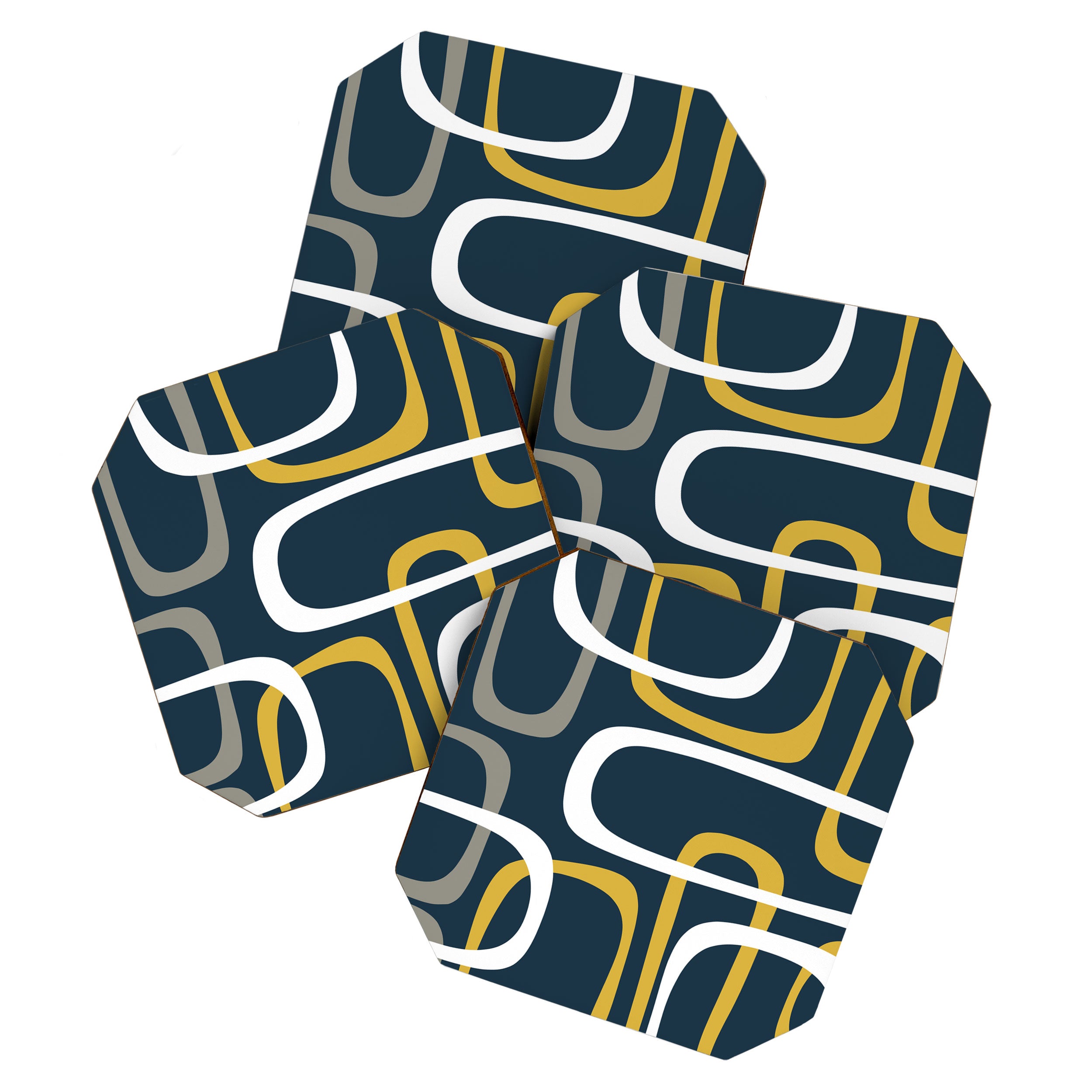 Mid Century Modern Loops Pattern in Light Mustard Yellow, Navy Blue, Gray, and White Coaster Gallery Image 1