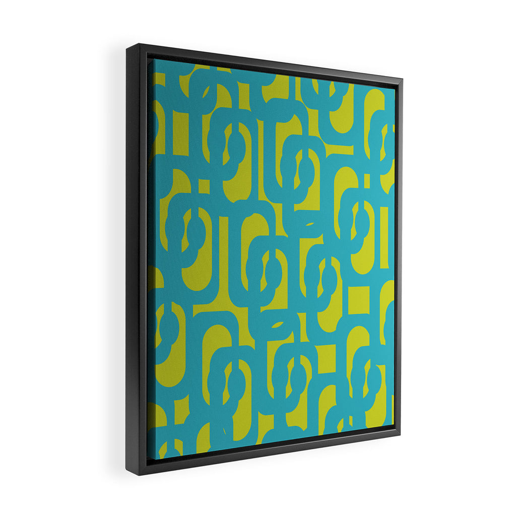 Mid Century Modern Loops Turquoise and Lime Green Pattern Framed Canvas Print Gallery Image 2