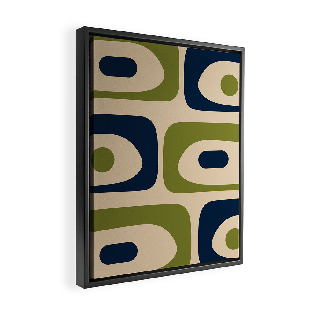 Mid Century Modern Minimalist Abstract Piquet Pattern in Mid Mod Beige Navy Blue Olive Green Framed Canvas Print Gallery Image 2