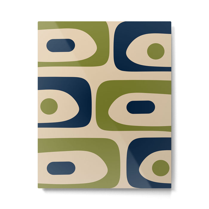 Mid Century Modern Minimalist Abstract Piquet Pattern in Mid Mod Beige Navy Blue Olive Green Metal Print Gallery Image 1