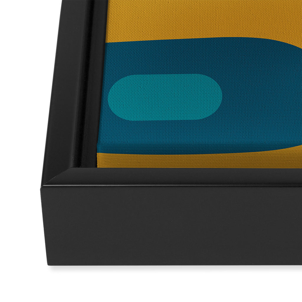 Mid Century Modern Minimalist Abstract Piquet Pattern in Moroccan Teal Blue and Mustard Gold Framed Canvas Print Gallery Image 3