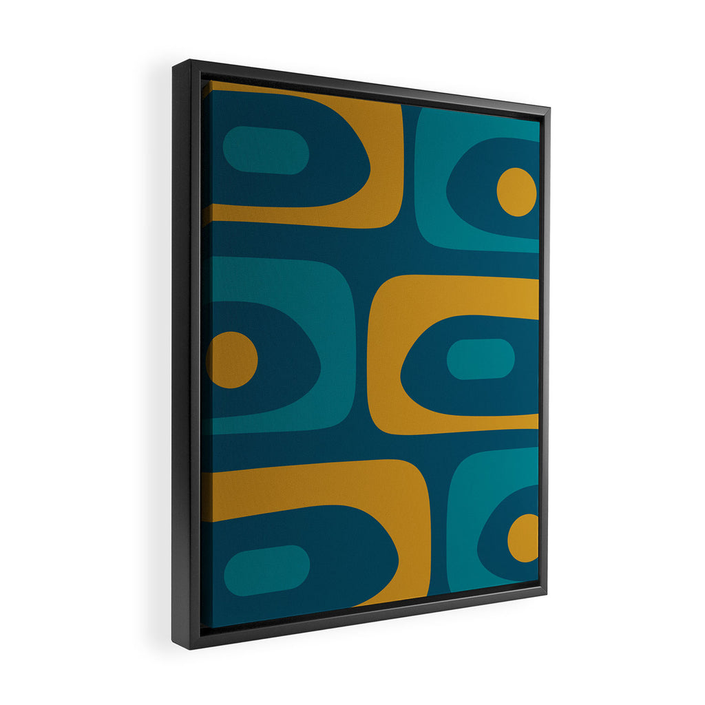 Mid Century Modern Minimalist Abstract Piquet Pattern in Moroccan Teal Blue and Mustard Gold Framed Canvas Print Gallery Image 2