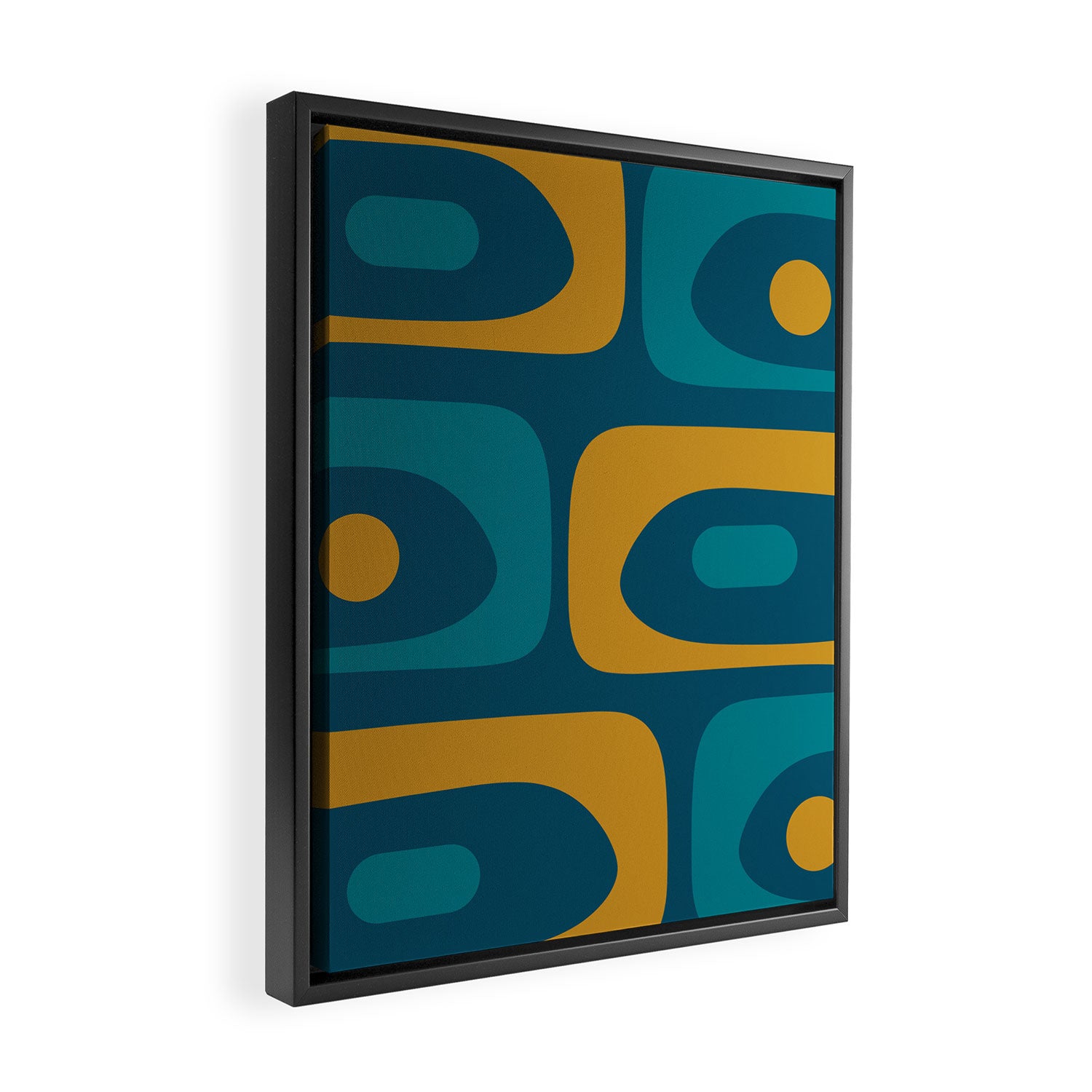 Mid Century Modern Minimalist Abstract Piquet Pattern in Moroccan Teal Blue and Mustard Gold Framed Canvas Print Gallery Image 2