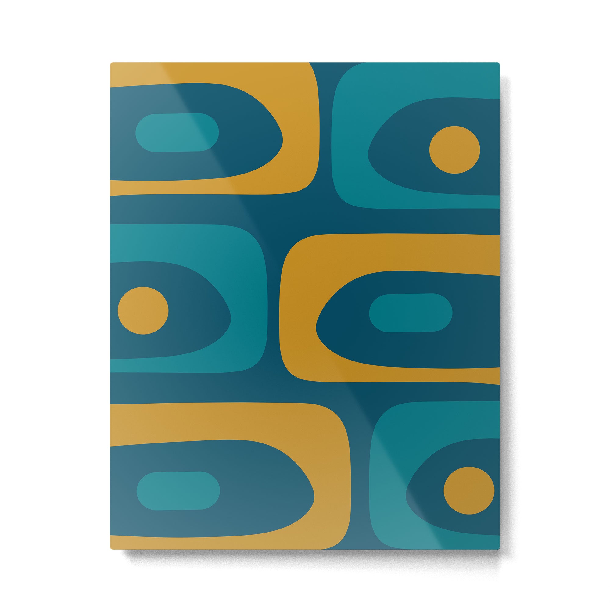 Mid Century Modern Minimalist Abstract Piquet Pattern in Moroccan Teal Blue and Mustard Gold Metal Print Gallery Image 6